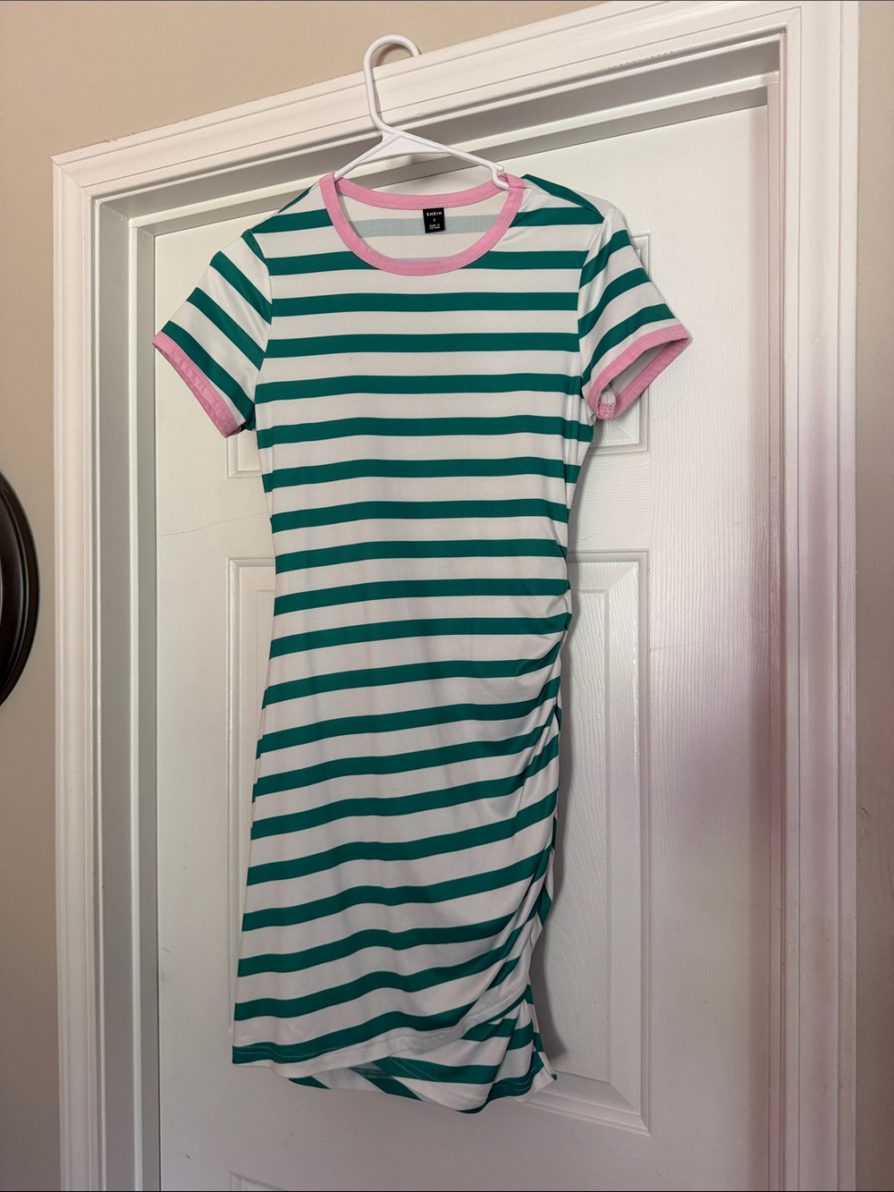 SHEIN Green and White Striped Mini Dress with Pink Trim